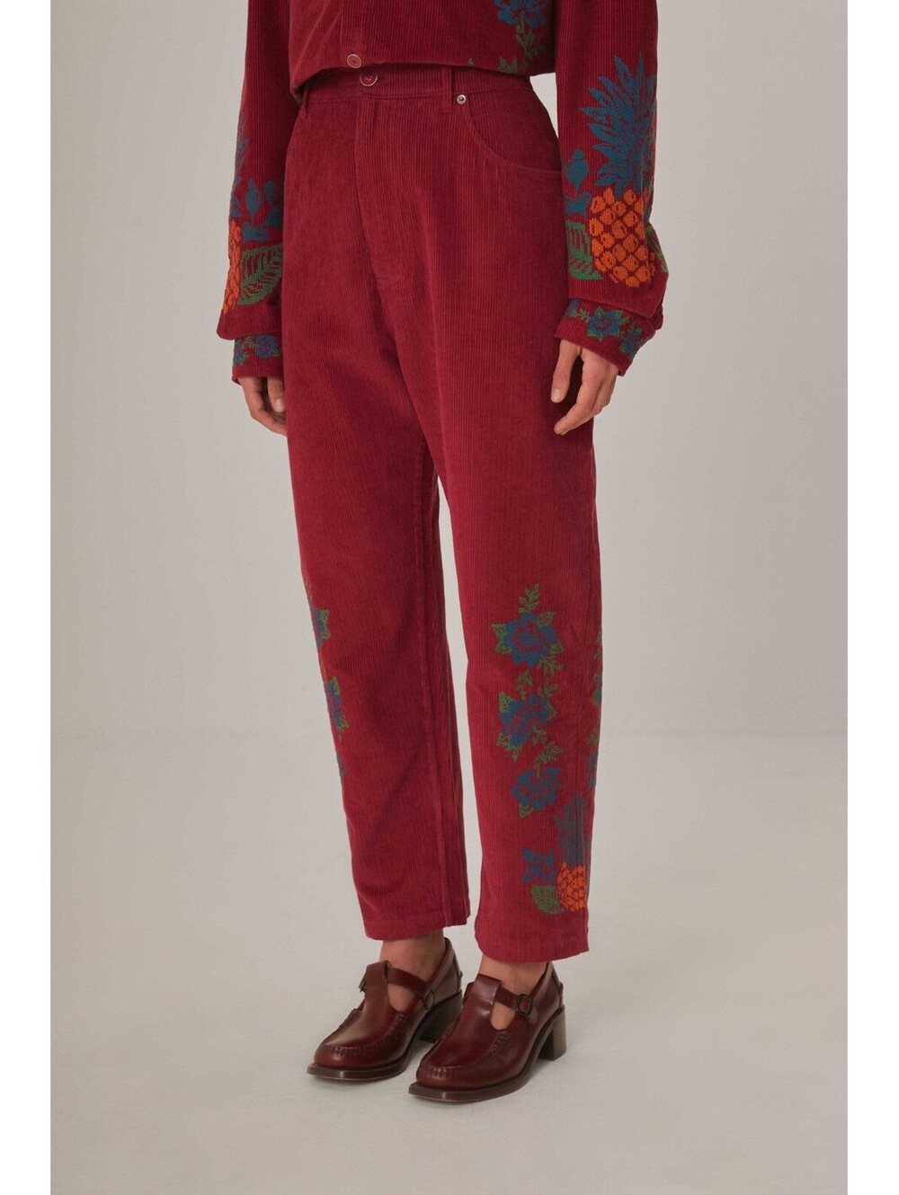 FARM Rio Pink Corduroy Embroidered Pants Burgundy Wide Leg XS